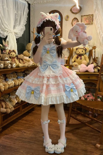 Rose Meowling Sweet Maid Sleeveless Layered Ruffle Bow Lace Princess Sweet JSK Dress
