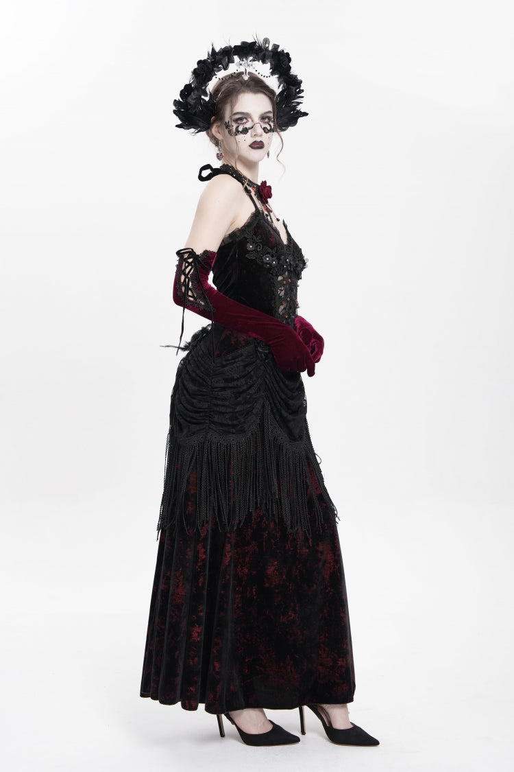 Sleeveless Hollow Floral Lace-Up Pleated Gothic Maxi Dress