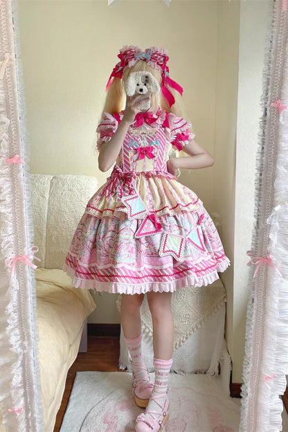 Candy Park Pattern Ruffle Bow Sweet Lolita JSK in Yellow Pink