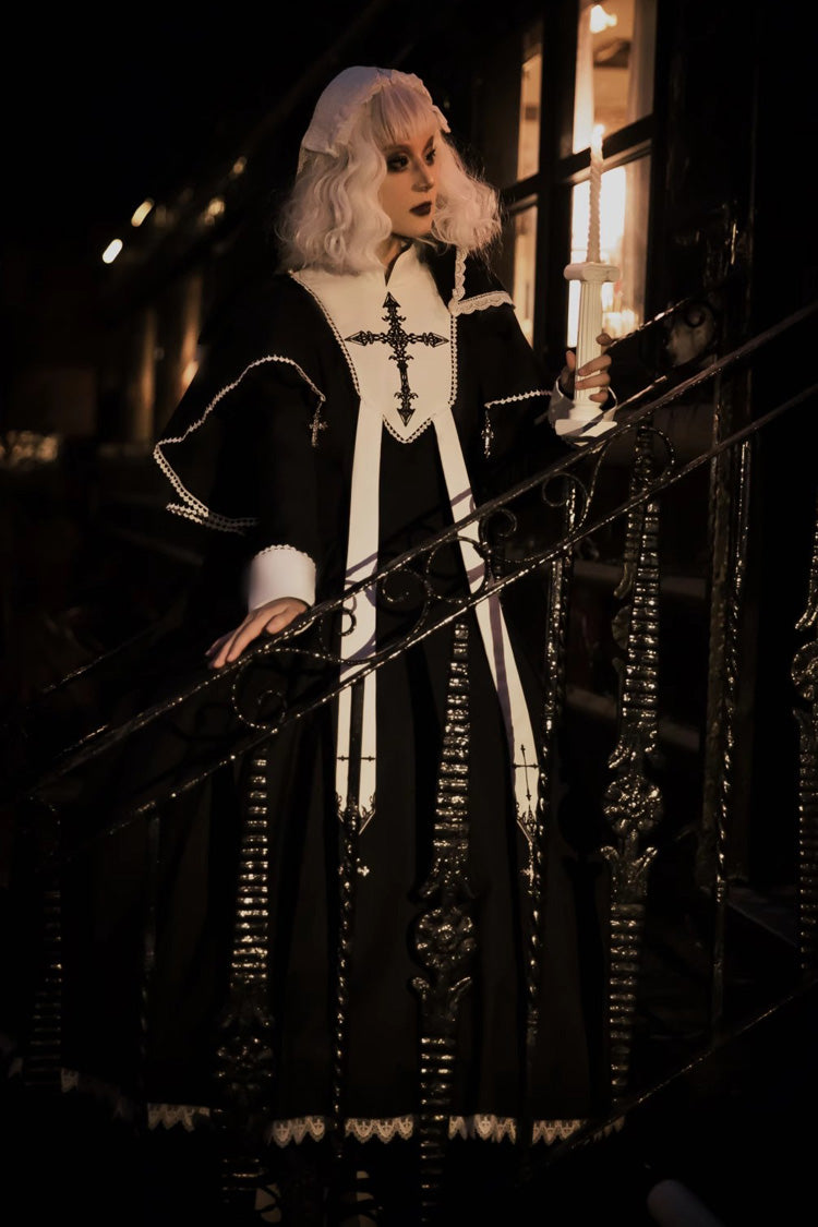 Elegant Lace-Stitched Long-Sleeve Gothic Gown