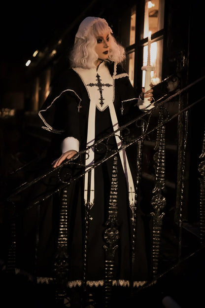 Elegant Lace-Stitched Long-Sleeve Gothic Gown