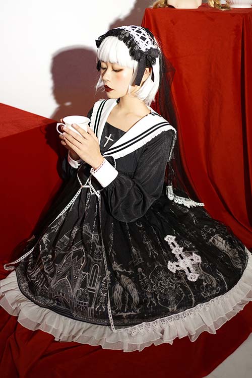 Black Gothic Lolita OP Dress with Cross Print and Chest Bow