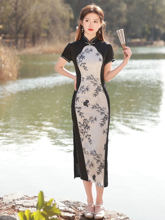 Cheongsam en bambou blanc et noir