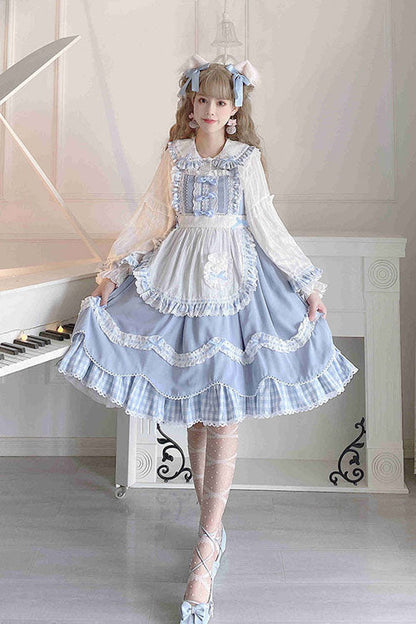 Blue JSK Dress Sweet Lolita Lapel Collar Bowknot Ruffled - Altfashion Shop