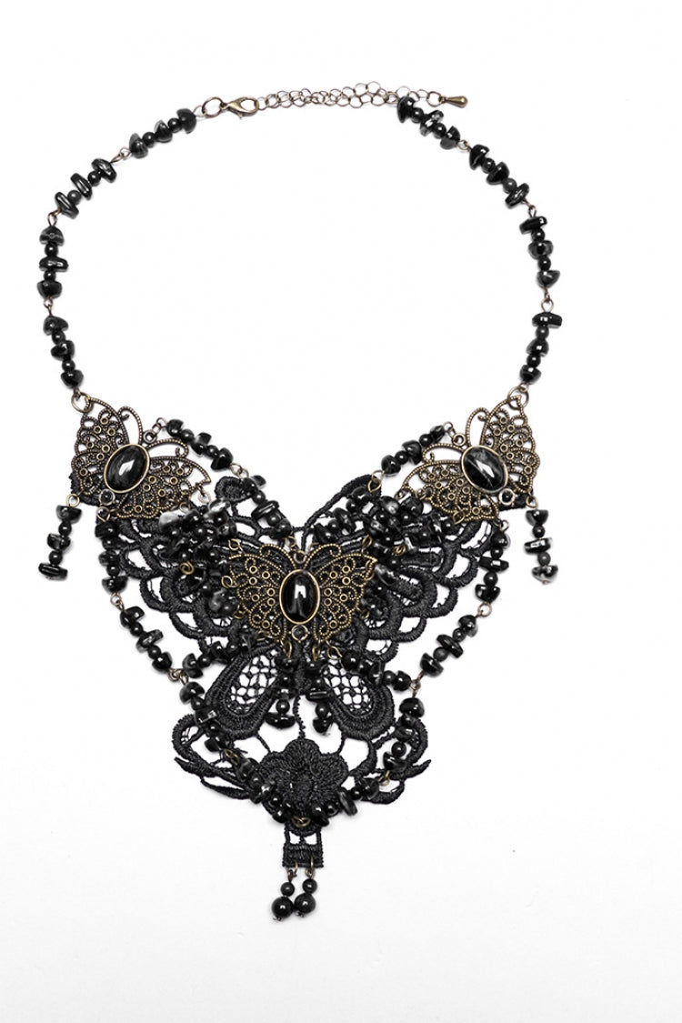 Beaded Butterfly Black Asymmetric Punk Necklace Women's