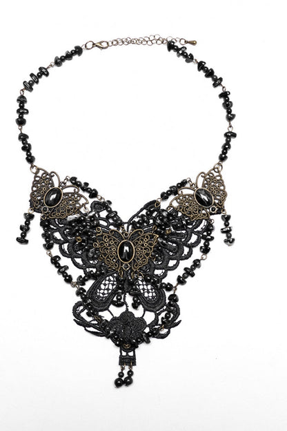 Beaded Butterfly Black Asymmetric Punk Necklace Women's