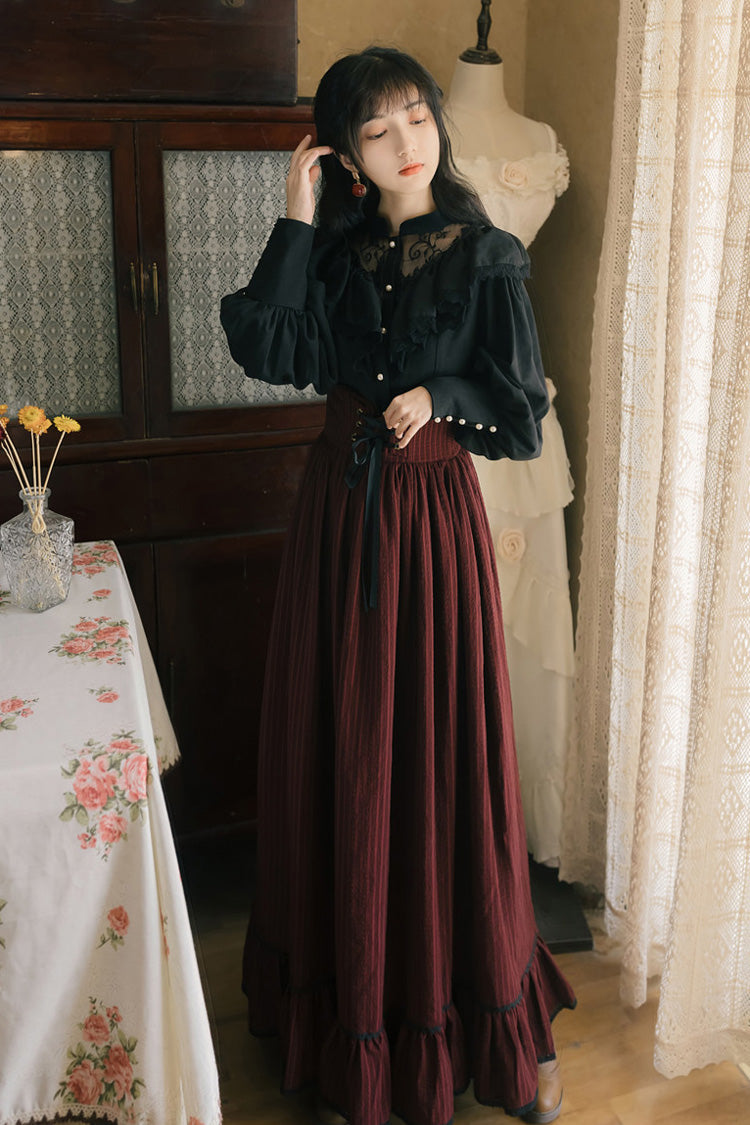 Black Red Long Sleeves High Waist Print Lace Gothic Vintage Lolita Dress Set