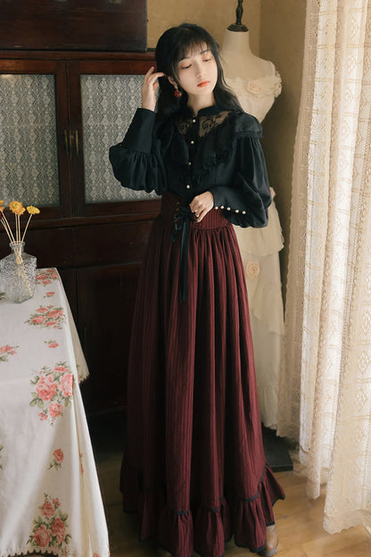 Black Red Long Sleeves High Waist Print Lace Gothic Vintage Lolita Dress Set