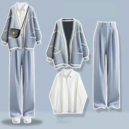 Denim Cardigan Sweater Lapel Shirt Pants Blue Letter Set