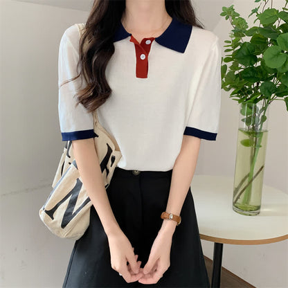 Lapel Shorts T-Shirt Colorblock Denim Belted