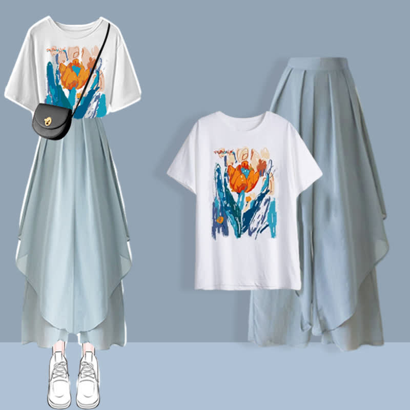 Sommerliches Set aus T-Shirt mit Aufdruck und Chiffonhose mit weitem Bein in Blau