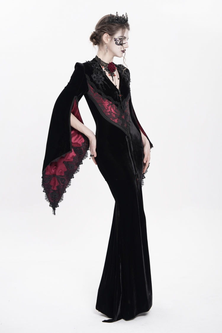 Trumpet Sleeve Floral Embroidered Velvet Gothic Dress