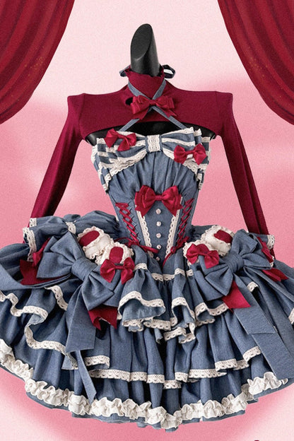 Halterneck Sleeveless Triple-Ruffle Laced JSK with Bow