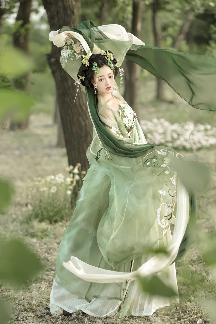 Emerald Qingyao Butterfly Flowers Embroidery Chinese Hanfu Full Set