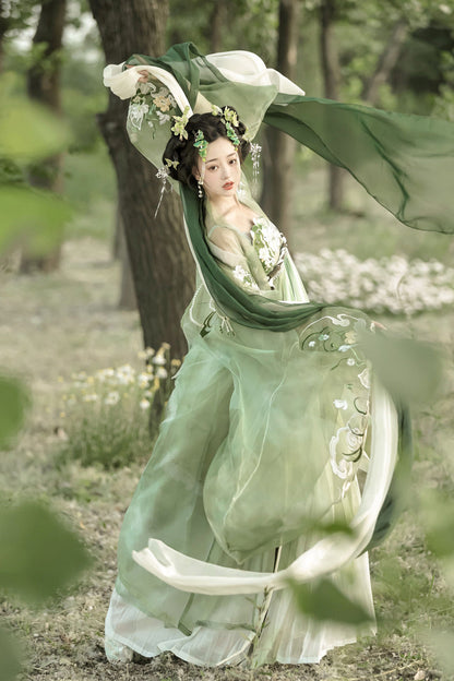 Emerald Qingyao Butterfly Flowers Embroidery Chinese Hanfu Full Set