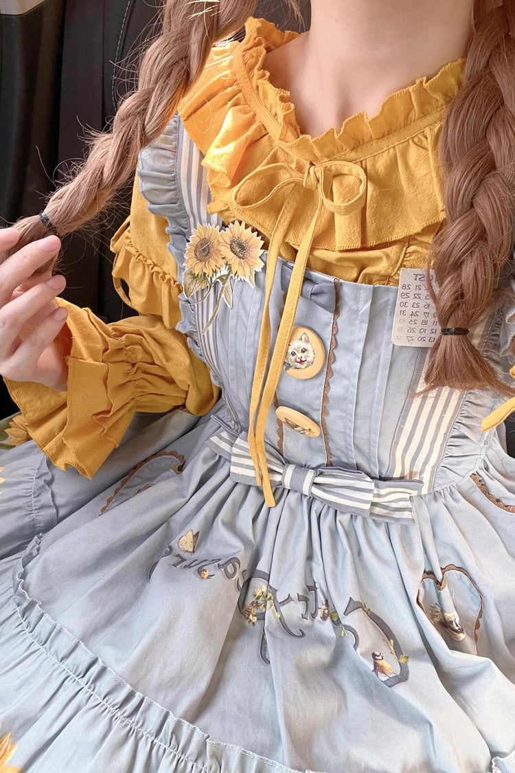 Sunflower-Print Bow-Adorned Sweet Lolita JSK Dress in Two Tones