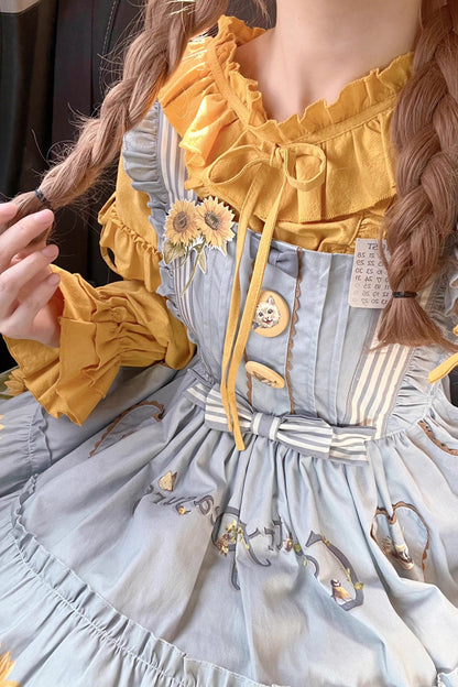 Sunflower-Print Bow-Adorned Sweet Lolita JSK Dress in Two Tones