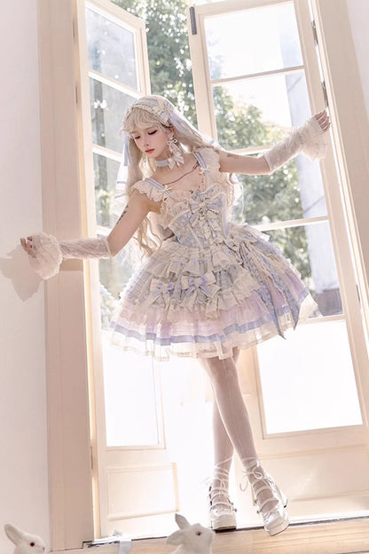 Sleeveless Embroidered Lace Dress with Fishbone Ruffle and Bow