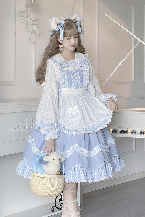 Blue JSK Dress Sweet Lolita Lapel Collar Bowknot Ruffled - Altfashion Shop