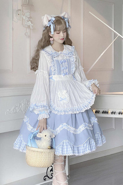 Blue JSK Dress Sweet Lolita Lapel Collar Bowknot Ruffled - Altfashion Shop
