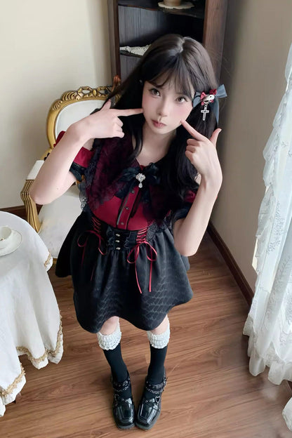 Overture to the Dead Off-Shoulder Jirai Kei Skirt Set - Noir