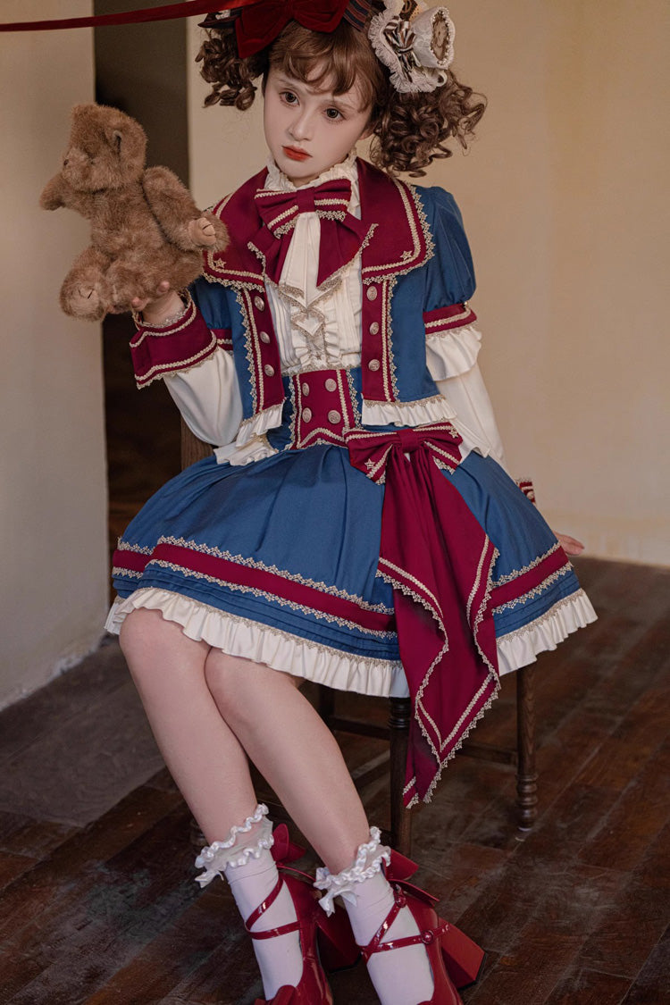 Red White Blue Star Idol Round Collar Ruffle Bowknot Sweet Princess Lolita Full Set