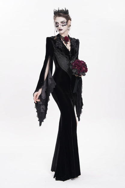 V Collar Trumpet Sleeve Floral Embroidered Velvet Gothic Dress