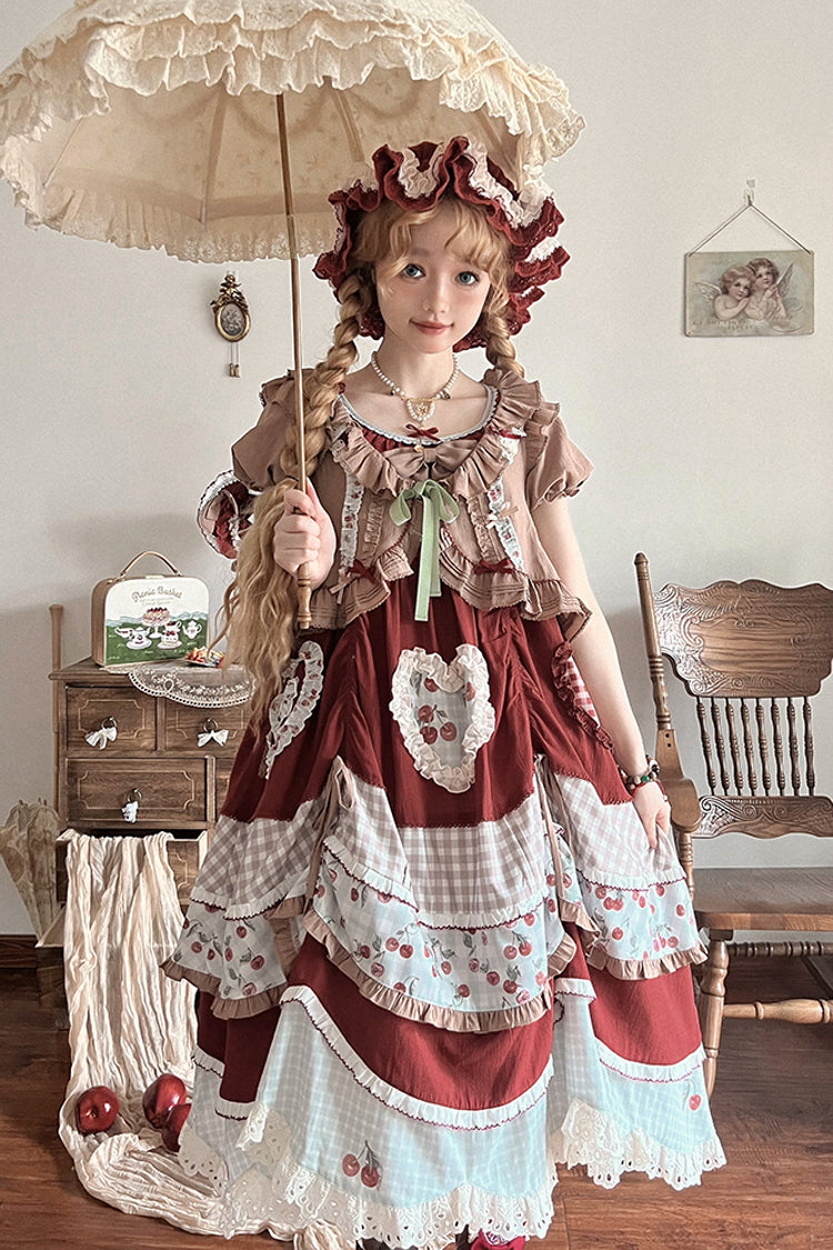 Cherry Pattern Short-Sleeved Ruffled Embroidered Layered Dress