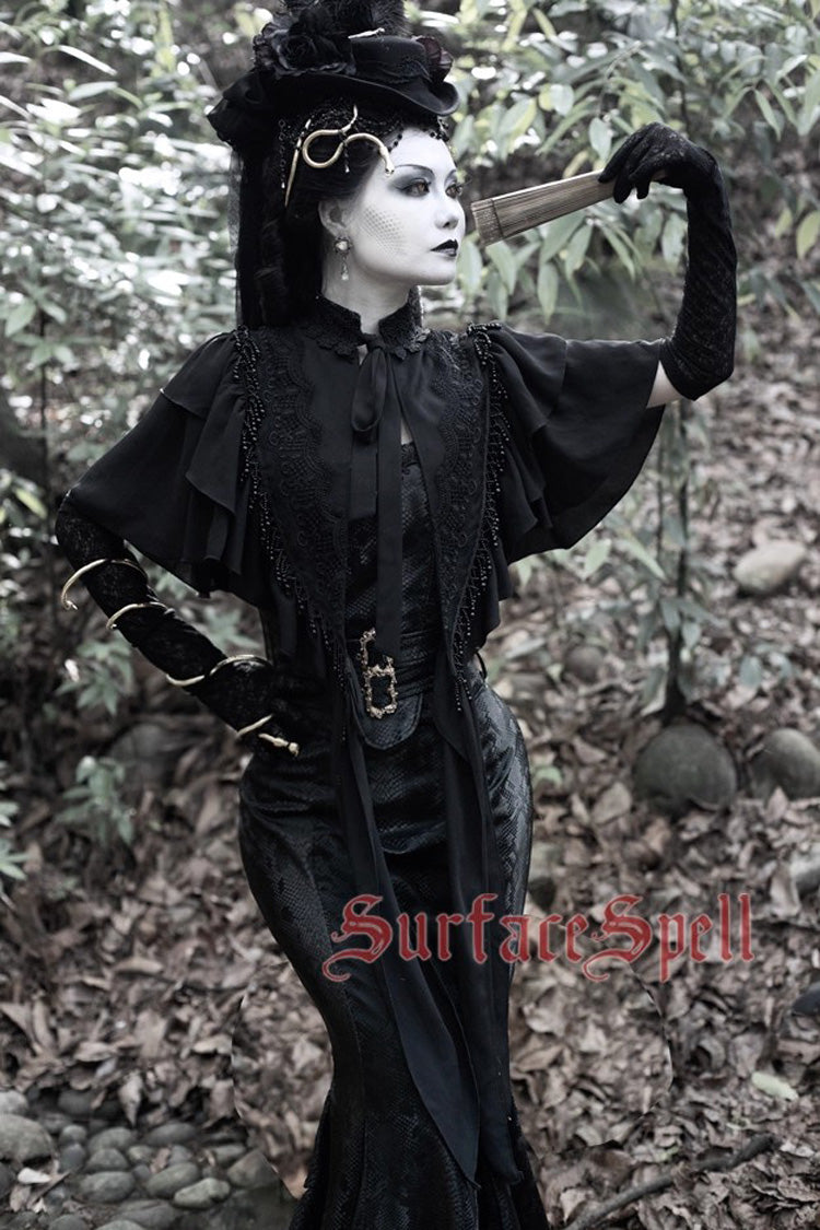 Snake Print Flared Fishbone Mermaid Gothic Lolita Skirt in Black Faux Leather