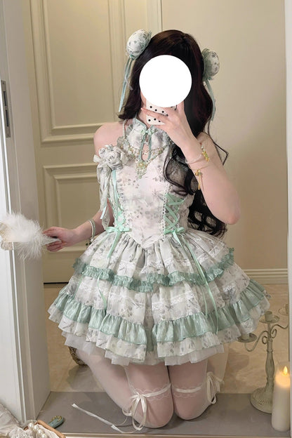 Peach Moon Bamboo Halterneck Print Ruffle Dress - Chinese Lolita Style