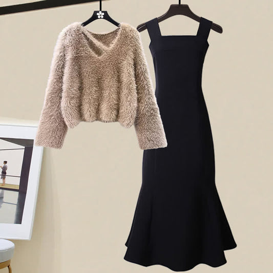 Chic Warm Velvet Sweater Fishtail Slip Dress