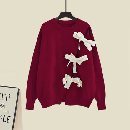 Shirt Sweater Cable Pleated Dress Red Set