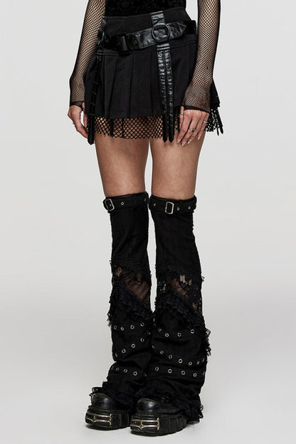 Pleated Punk Skirt with Strap Details and Mesh Panels