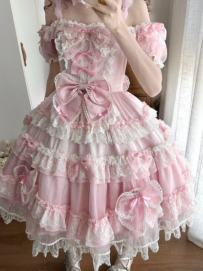 Sweet Pink Bow Accents and Bead Details Princess Lolita Dress with Big Bow at Back
