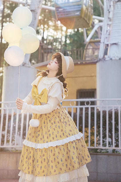 Golden Stuffed Bear Print Bow Sweet JSK Dress