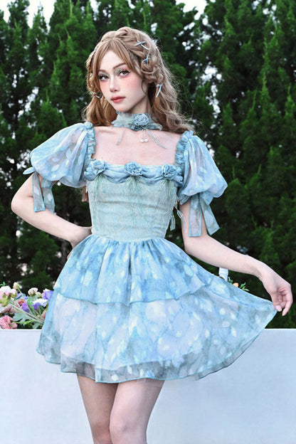 Blue Square Collar Short Puff Sleeve Multi-Layer Print Ruffle Bow Tie-Dye Sweet Princess Lolita Dress