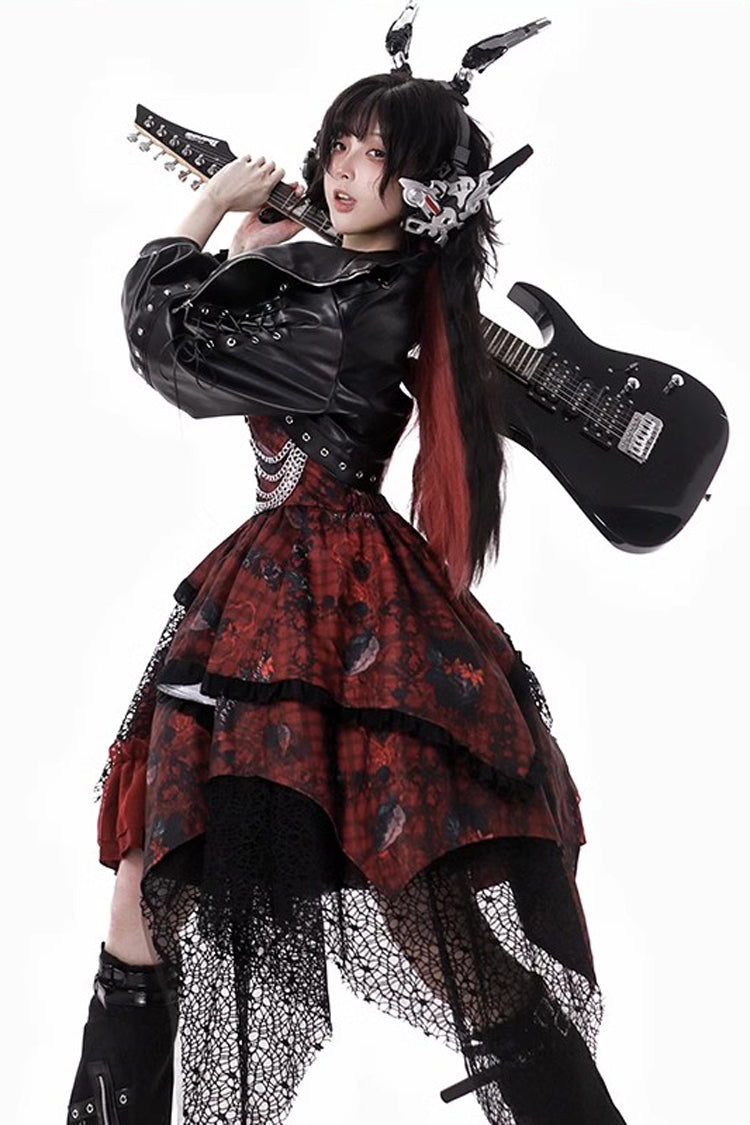 Sleeveless Printed Gothic JSK Dress with Asymmetric Ruffled Lace - Strawberries of Blood and Tears