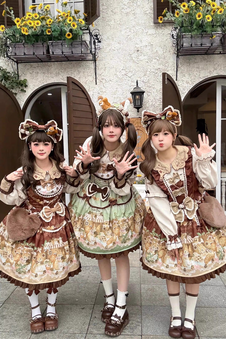 Emerald Doll Collar Long-Sleeve Bow Lolita Dress - Squirrel Chocolate