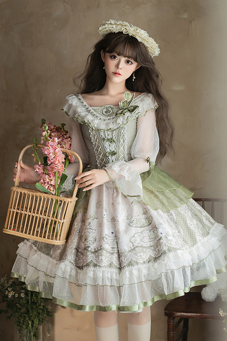 Emerald Lace-Up Bow Lolita OP Dress - Teacup Rabbit