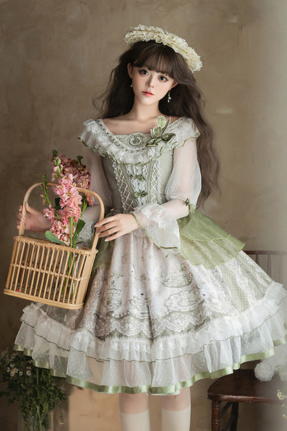 Emerald Lace-Up Bow Lolita OP Dress - Teacup Rabbit