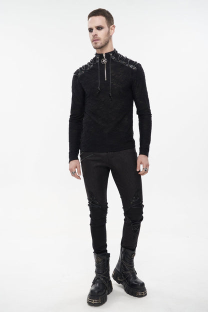 High Collar Lace-Up Pentagram Embellished Long Sleeve Tee