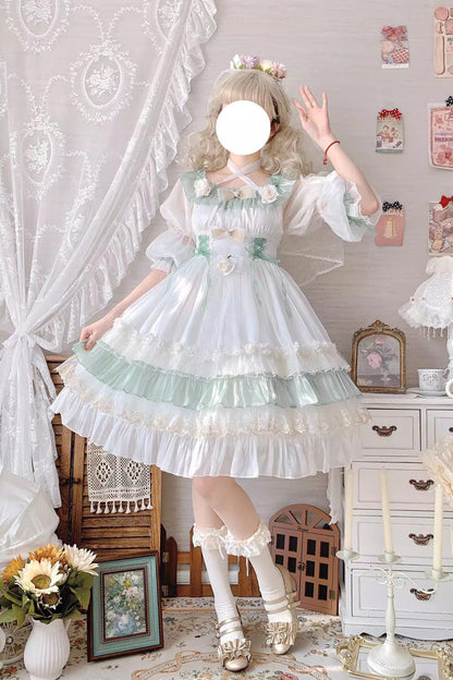 Emerald Ruffled Lace-Up Princess Lolita Dress - Spring Boliya