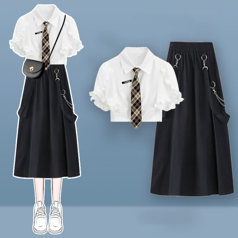 Pocket Lapel Tie T-Shirt Suspender Skirt Set