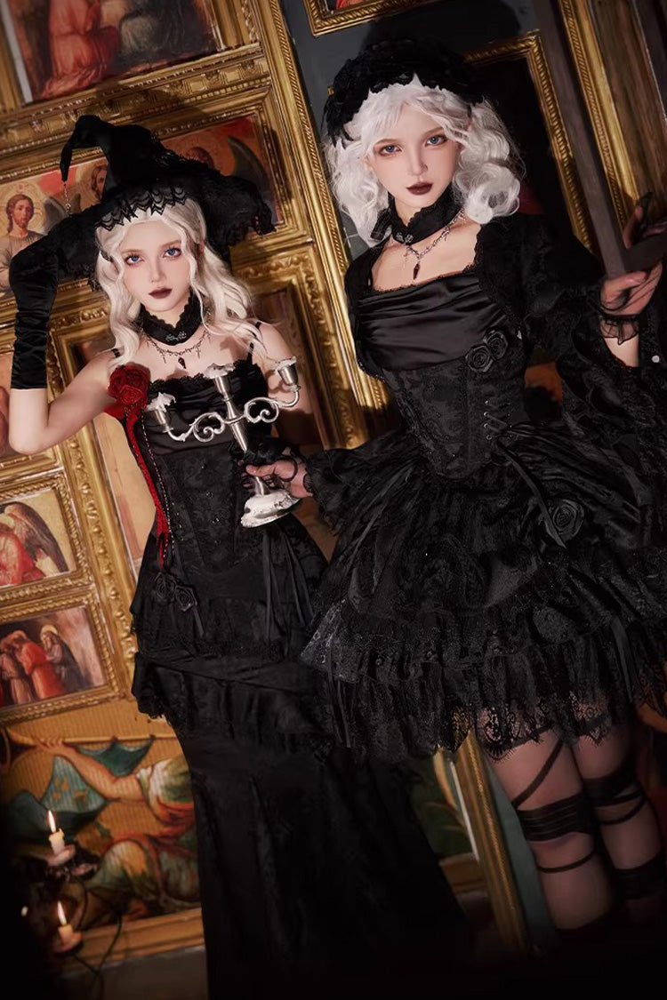 Gothic Lolita Skirt with Multi-Layered Jacquard and Ruffled Witch Design
