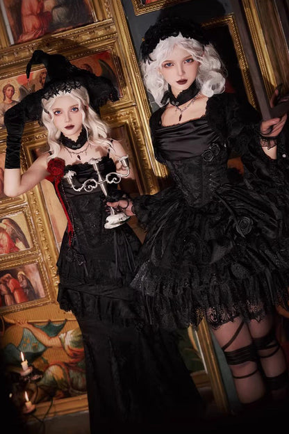 Gothic Lolita Skirt with Multi-Layered Jacquard and Ruffled Witch Design