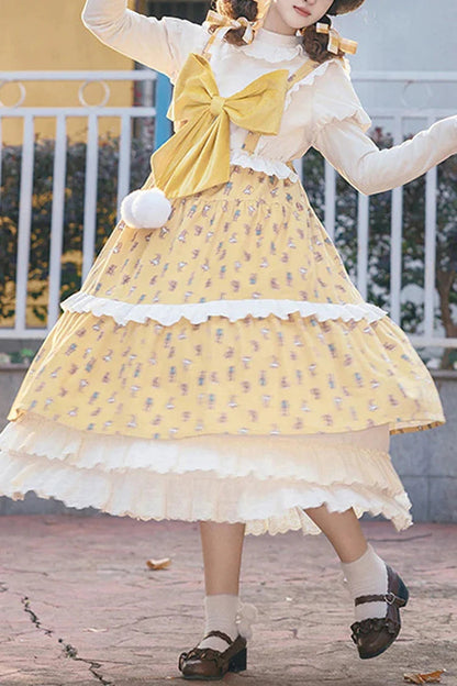 Golden Stuffed Bear Print Bow Sweet JSK Dress