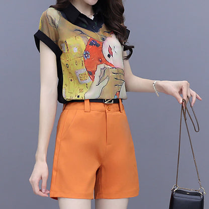 Chiffon Casual T-Shirt Face Print Girl Shorts