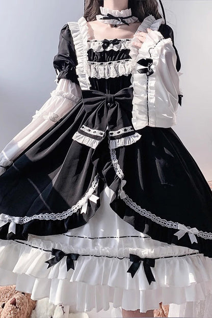 Hime Sleeves Gothic Princess Dress with Multi-Layer Ruffled Cardigan and Bow