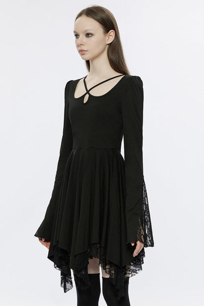 Asymmetrical Gothic Dress with Lace and Flared Sleeves