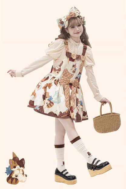 Multicolor Sleeveless Muffin Kitten Print Bow-Trim Sweet Lolita Strap Dress